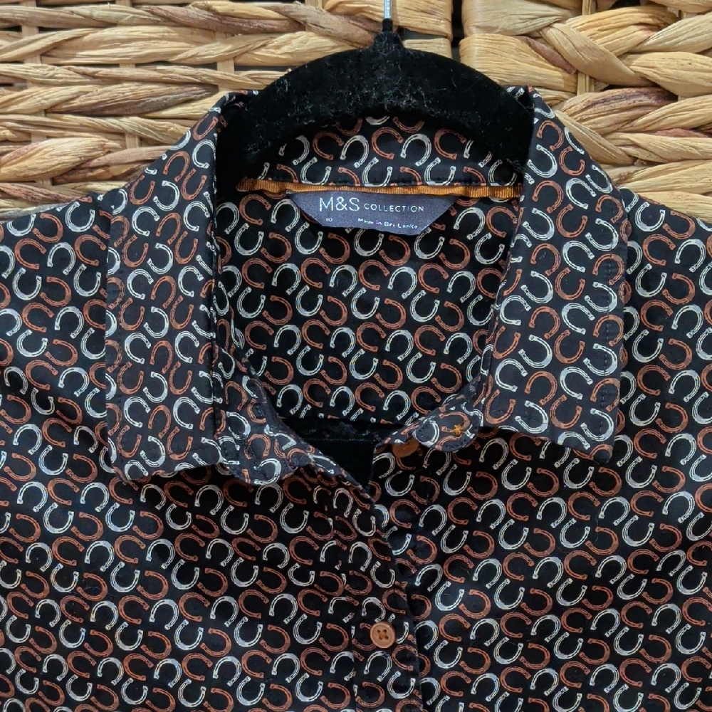 Marks And Spencer Long Sleeve Button Down Shirt Black Brown White Horseshoes